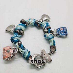 TOUS Blue Woven Charm Bracelet Teddy Bear Toggle Puffy Heart Enamel Purse